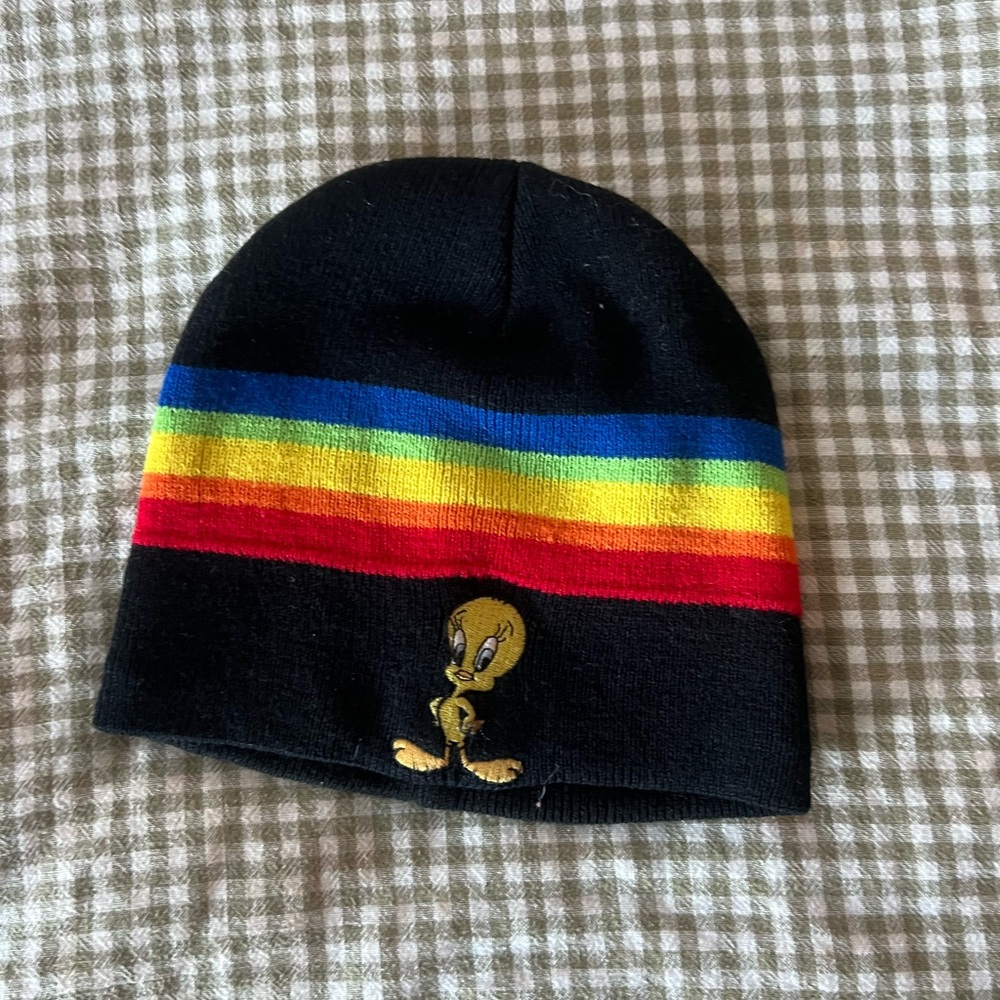 Vintage Tweety Kids Beanie with Rainbow Stripes